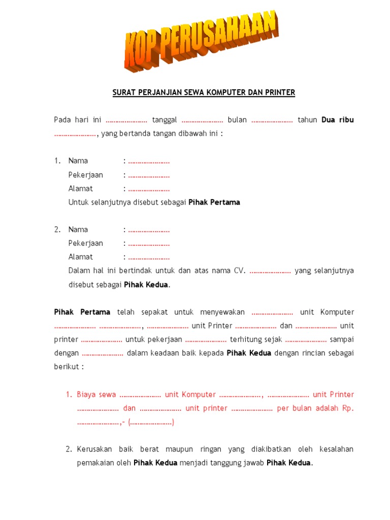 Contoh Surat Perjanjian Sewa Komputer Dan Printer Bagi