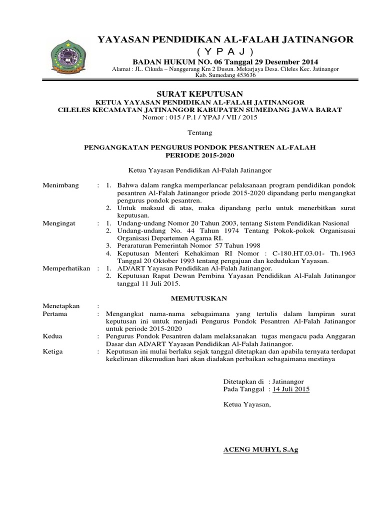 Contoh Surat Keputusan Pergantian Pengurus Yayasan