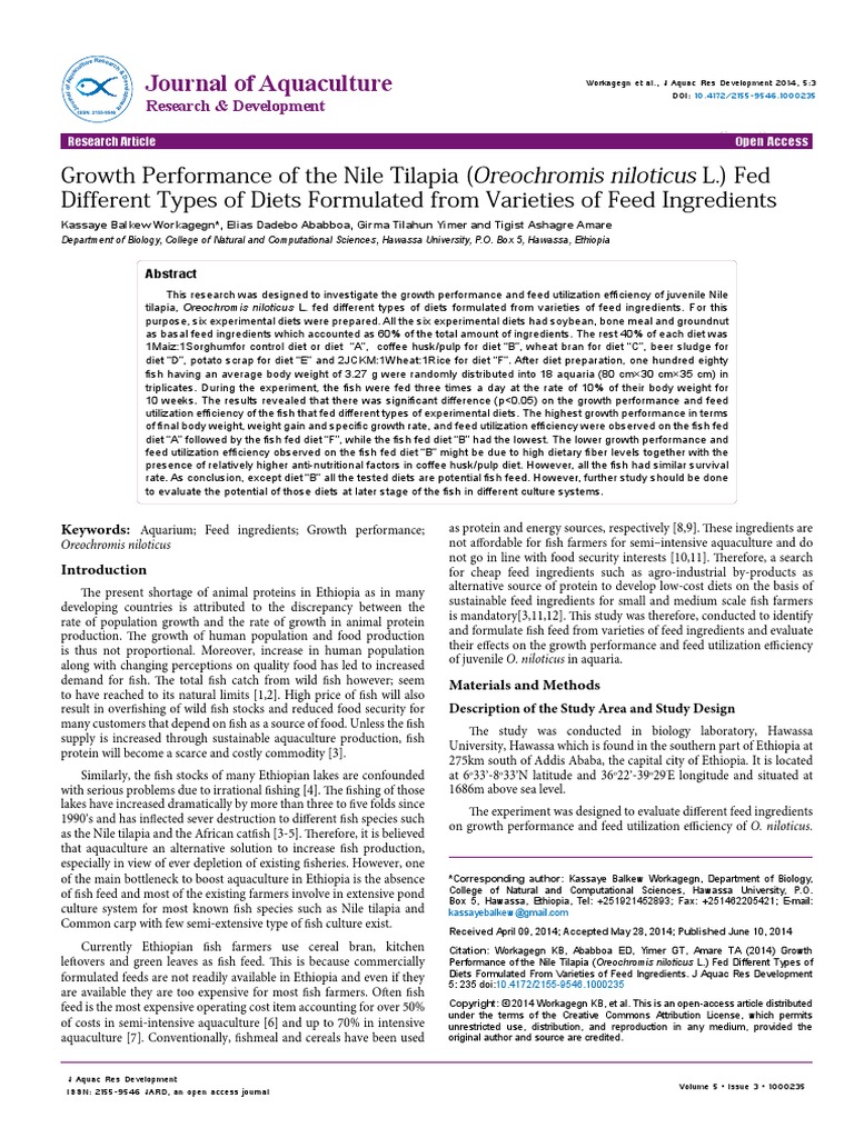 Growth Performance of The Nile Tilapia Oreochromis Niloticus L Fed ...