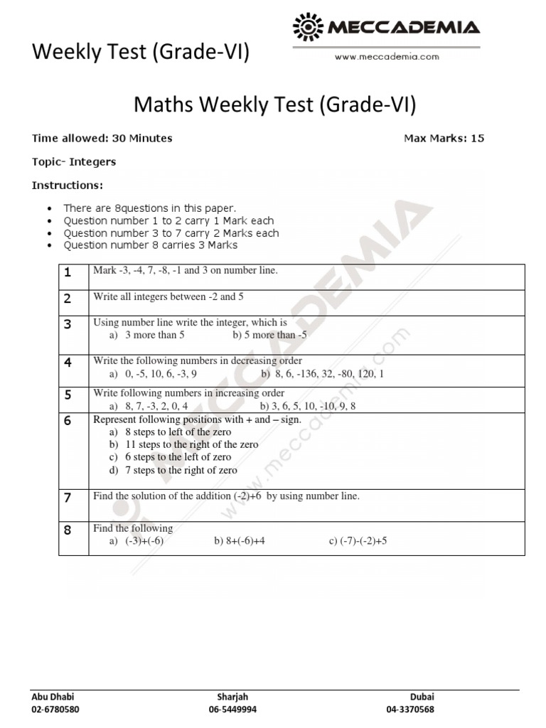 Weekly Test (Grade-VI) Maths Weekly Test (Grade-VI) | PDF