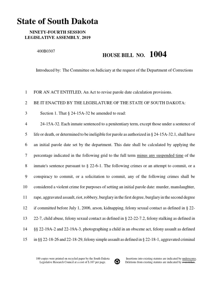 State of South Dakota House Bill No PDF Parole Assault