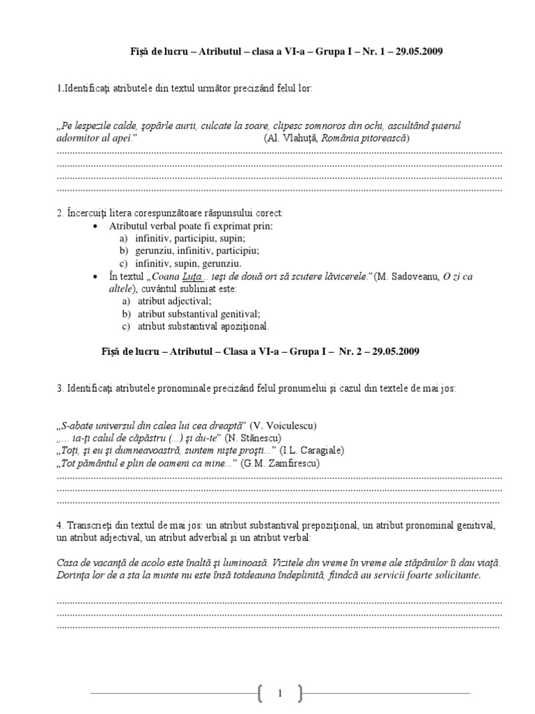 85380741 Atributul Fisa De Lucru Clasa Vi A Pdf
