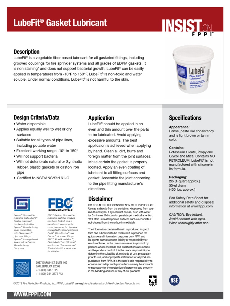 LubeFit Gasket Lubricant 2018 PDF Lubricant Pipe (Fluid Conveyance)
