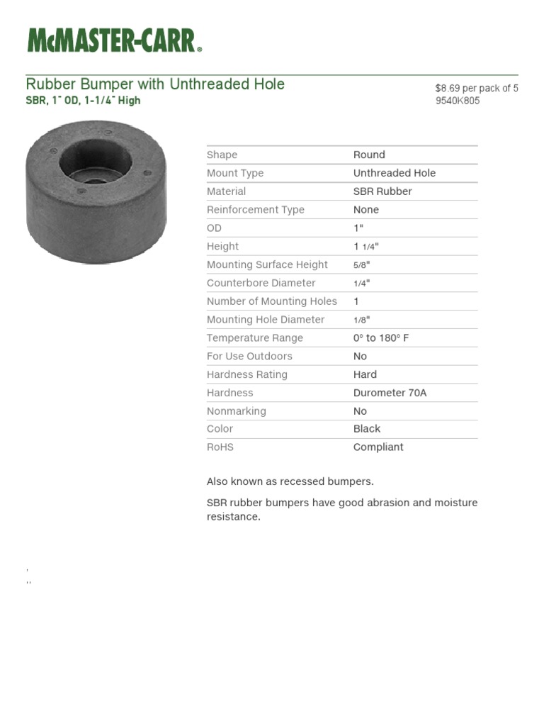 Rubber Bumper With Unthreaded Hole, SBR, 1 OD, 11 4 High