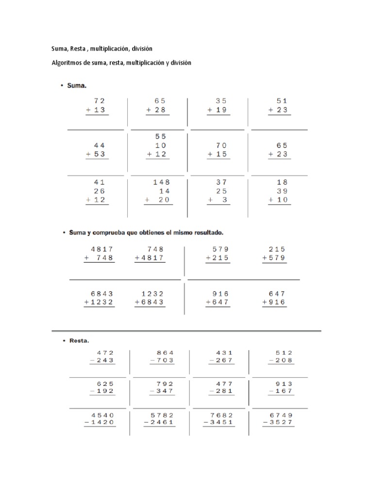 Ejercicios de Sumas y Restas para Niños | PDF | Multiplicación ...