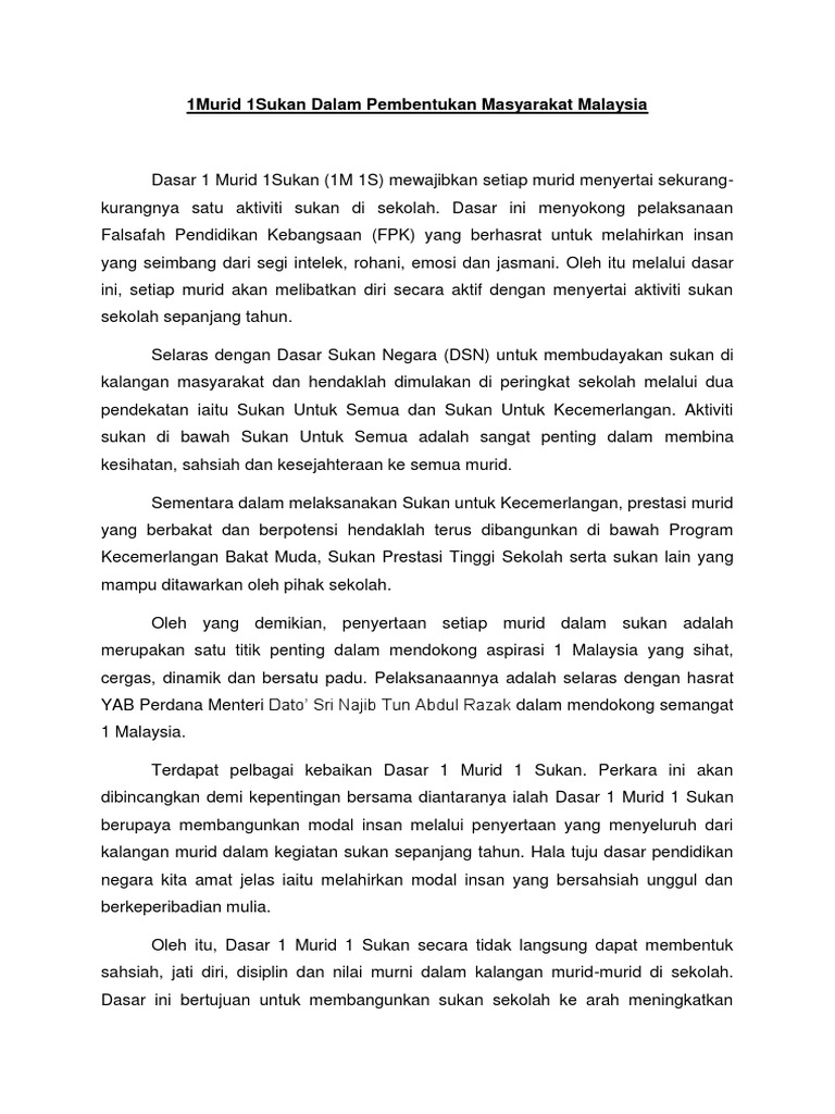 1murid 1sukan Dalam Pembentukan Masyarakat Malaysia Pdf