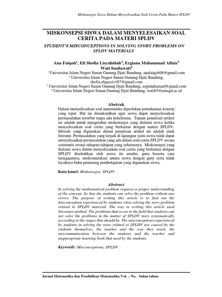 Miskonsepsi Siswa Dalam Menyelesaikan Soal Cerita Spldv