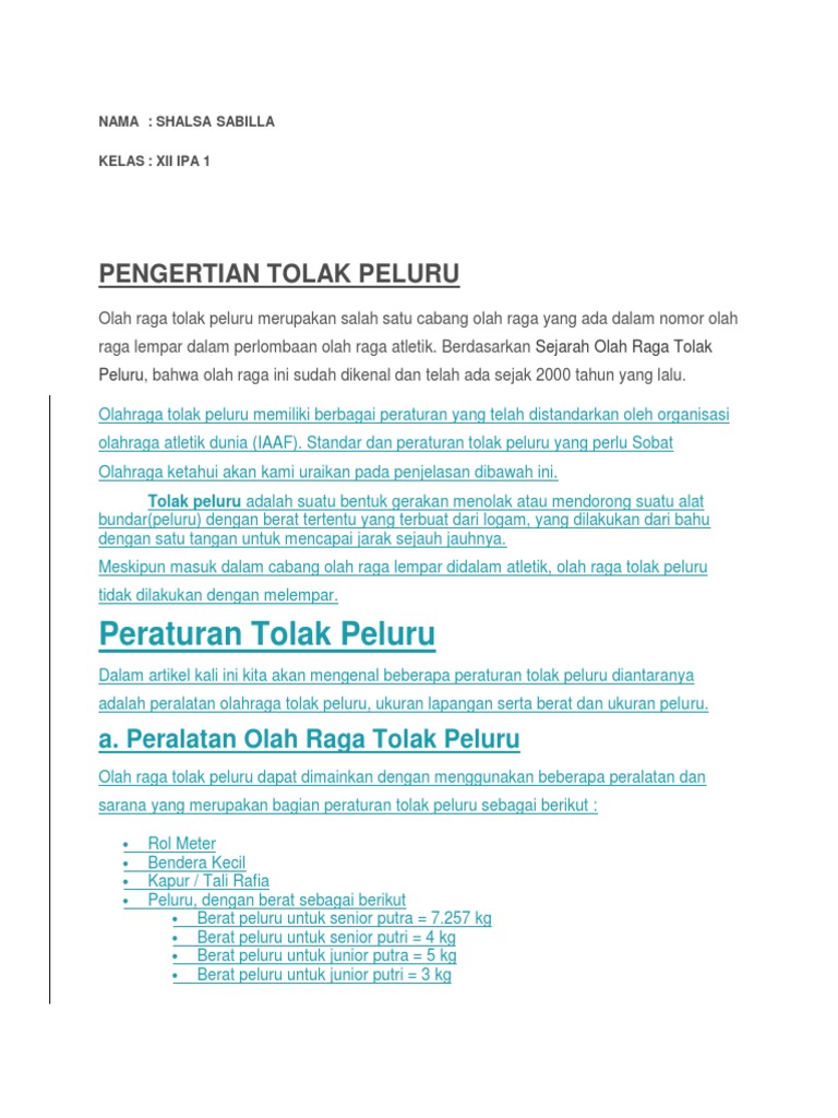 Berat Peluru Untuk Senior Putra Adalah