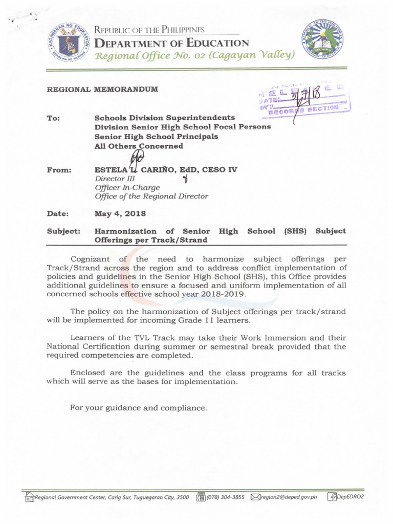 Harmonization of Senior High School (SHS) Subject Offerings Per Track ...