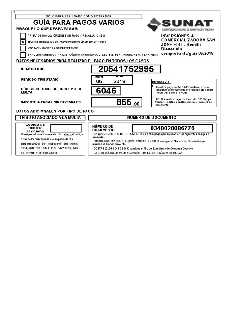 Pagos Varios Sunat San Jose Eirl Multas 06 2018 Impuesto