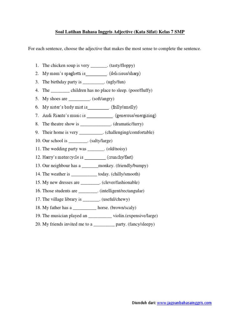 Soal Latihan Bahasa Inggris Adjective