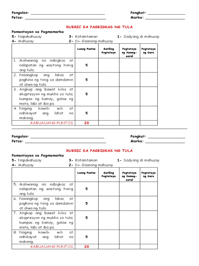 Rubrics Sa Pagbigkas Ng Tula