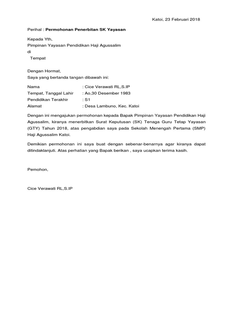 Surat Permohonan Penerbitan Sk Yayasan