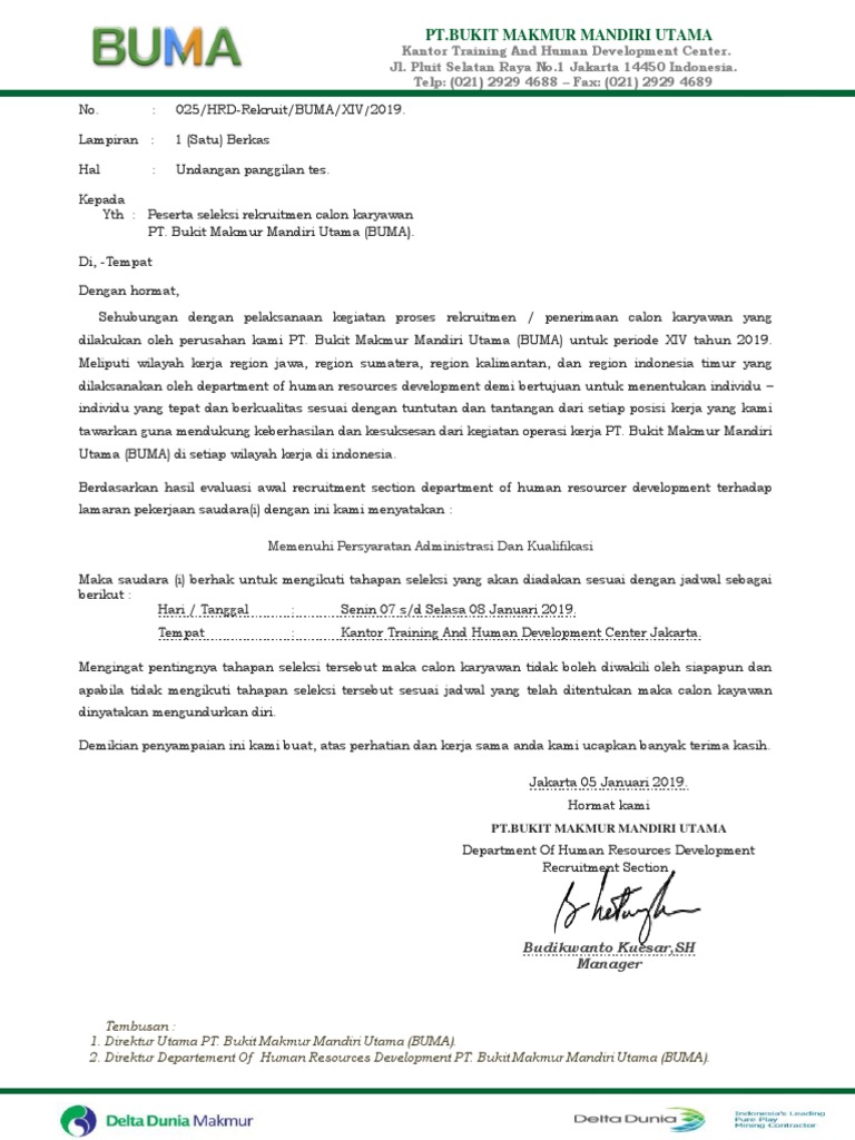 Surat Undangan Panggilan Tes Seleksi Rekruitmen Pt Buma Region Jakarta Pdf