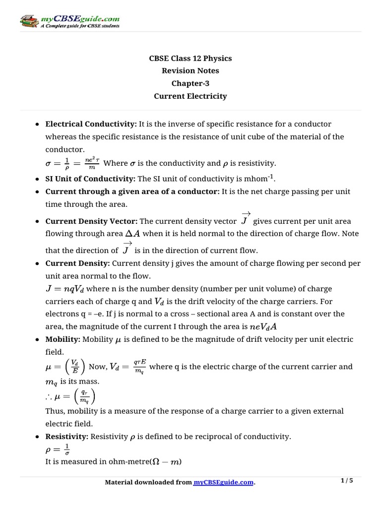 CBSE Class 12 Physics Current Electricity Notes | PDF | Electrical ...