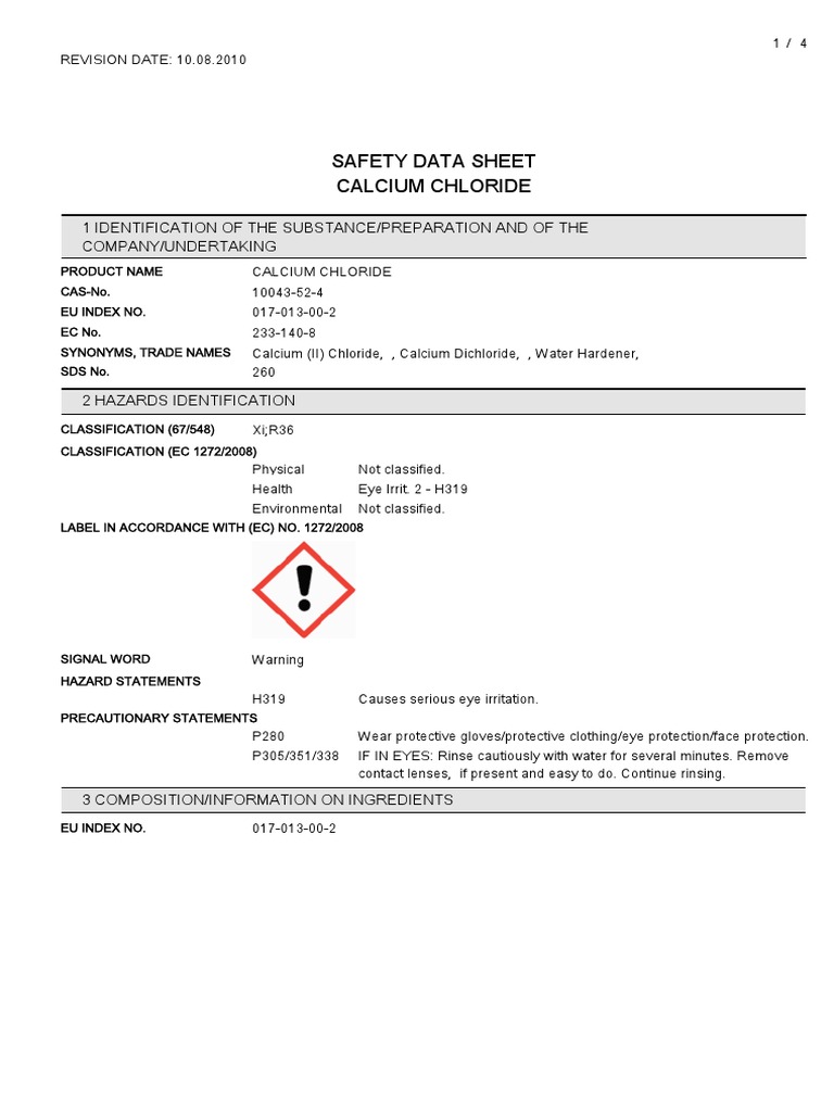 Safety Data Sheet Calcium Chloride 1 Identification of The Substance