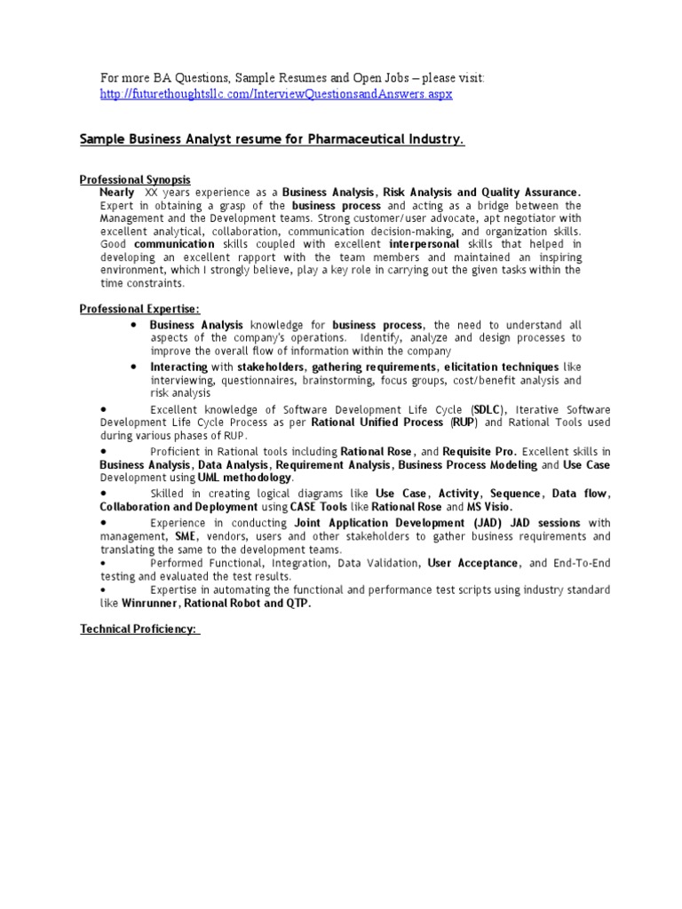 Business Analyst Sample Resume for Pharmaceutical companies Data