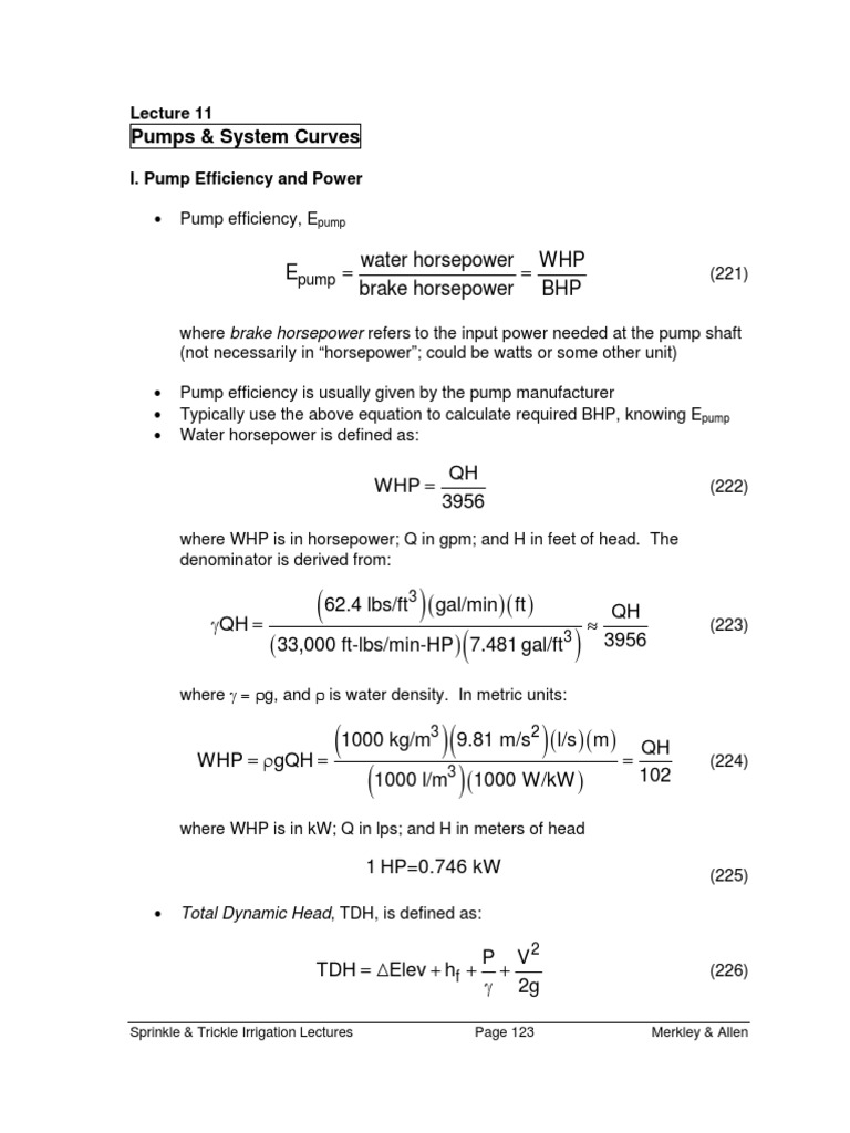 Water Horsepower WHP E Brake Horsepower BHP Pumps & System Curves PDF