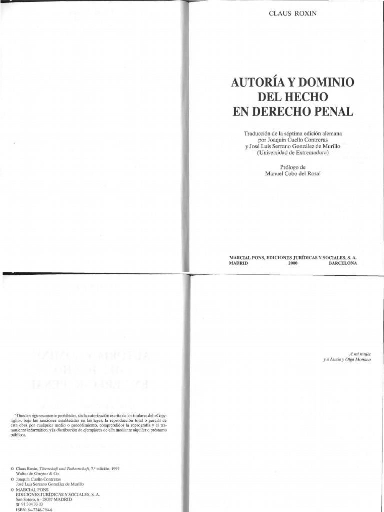 Roxin. AUTORIA Y DOMINIO DEL HECHO PDF | PDF | Autor | Derecho penal