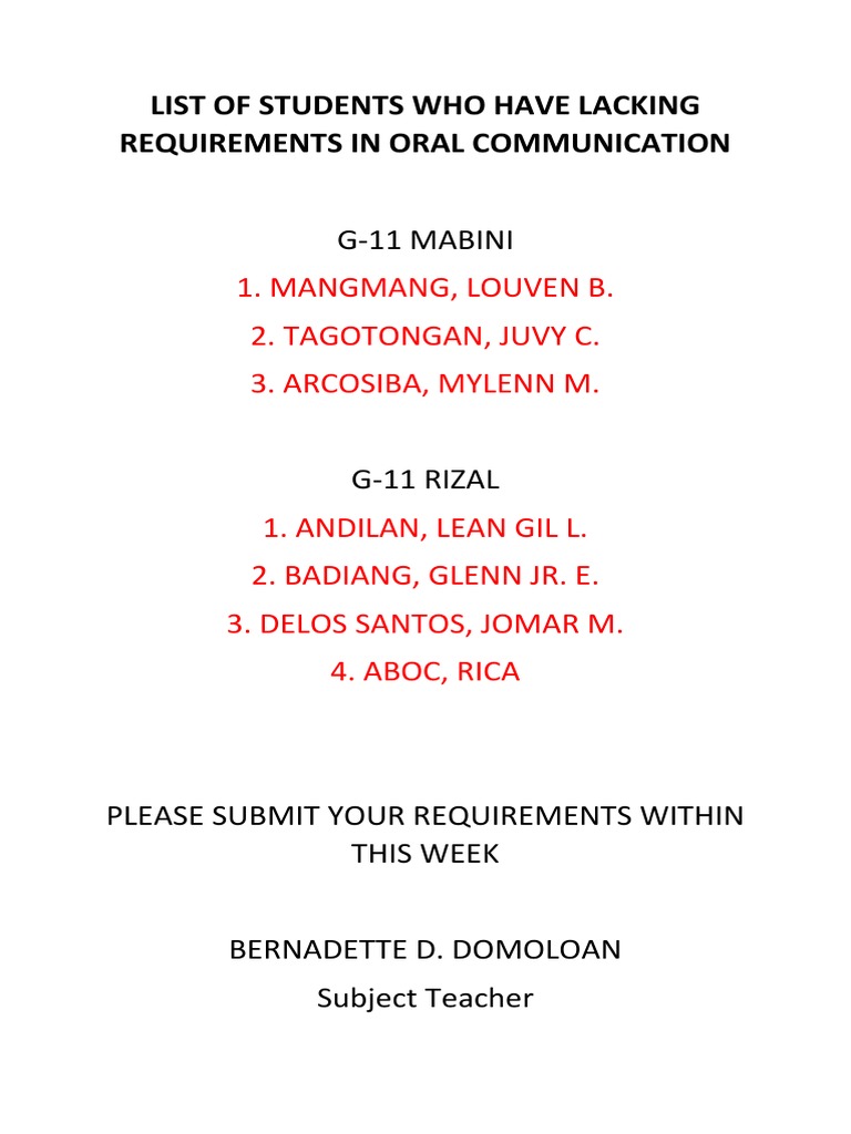 List of Students Who Have Lacking Requirements in Oral Communication | PDF