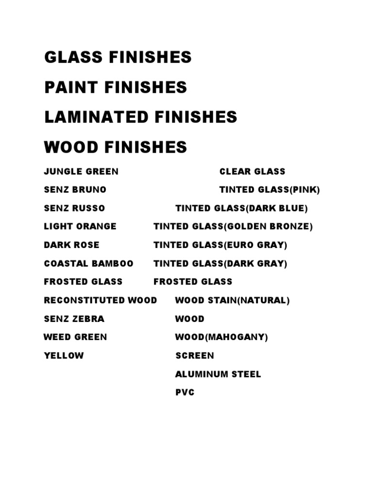 Glass Finishes Paint Finishes Laminated Finishes Wood Finishes PDF
