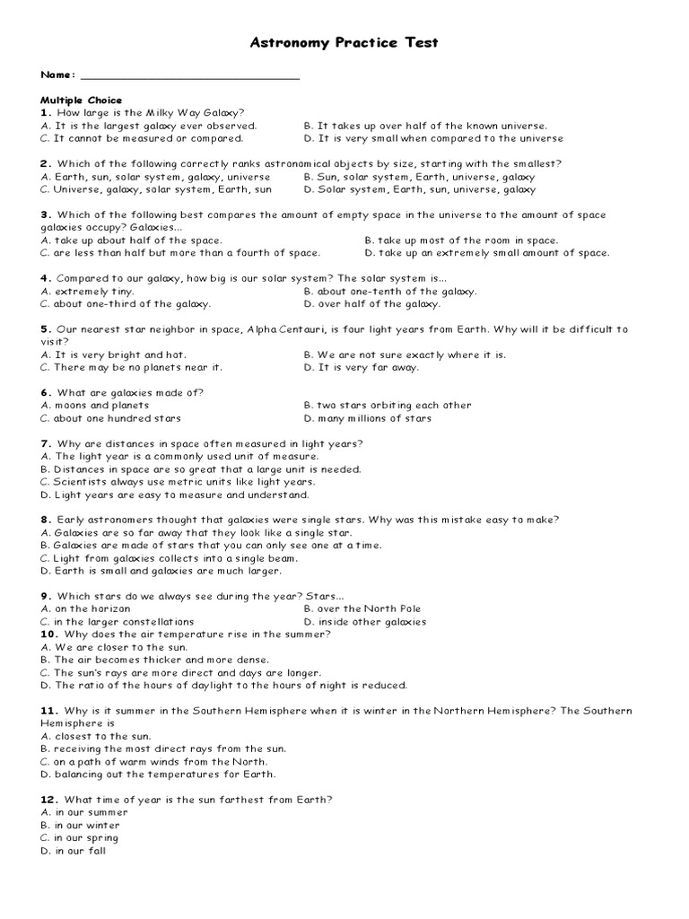 Astronomy Practice Test | PDF | Stars | Milky Way
