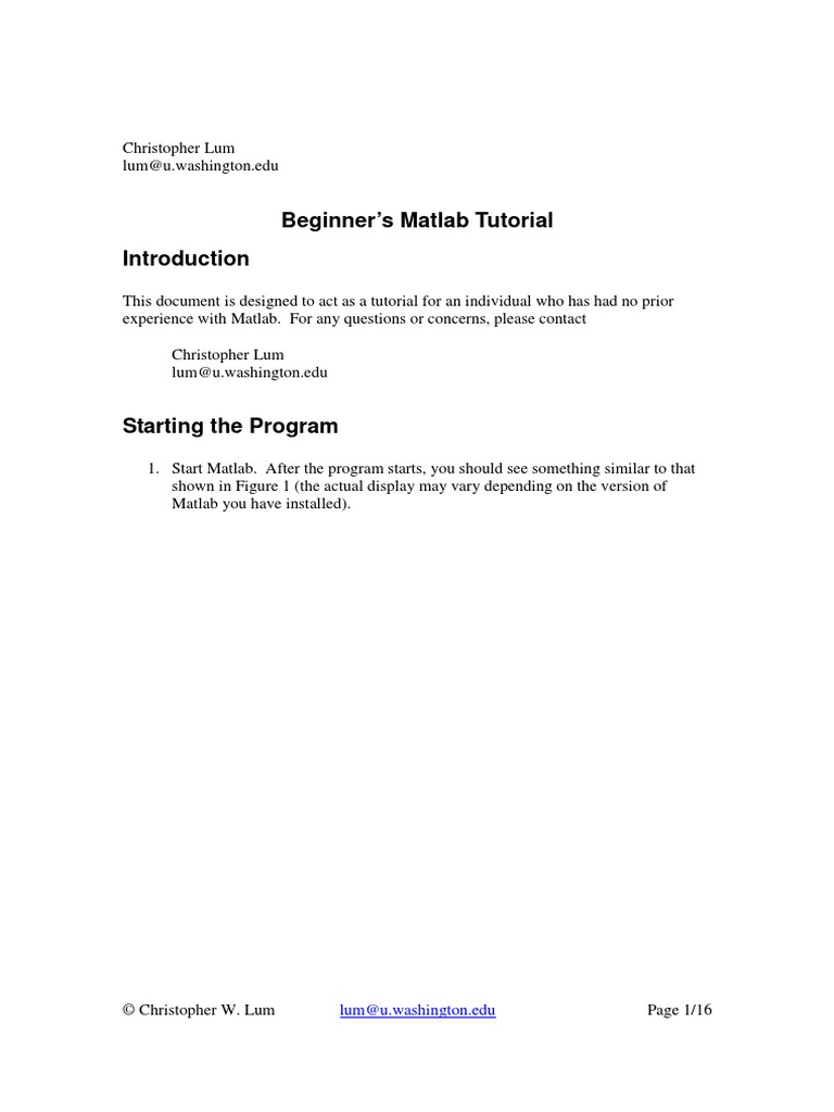 Beginner's Matlab Tutorial: Lum@u.washington - Edu | PDF