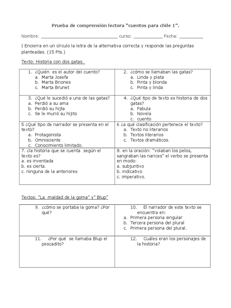 Prueba de Cuentos Chilenos 1 | PDF | Narración