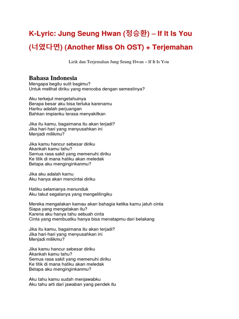 K Lyric Jung Seung Hwan 정승환 If It Is You 너였다면 Another Miss Oh Ost Terjemahan Pdf Bahasa Seni Bahasa Disiplin