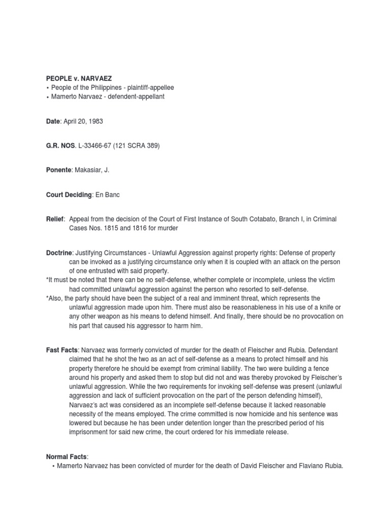 People V Narvaez Digest | PDF | Self Defense | Murder