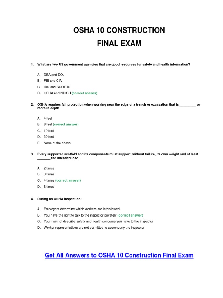 OSHA 10 Construction Final Exam Answer Key PDF Occupational Safety