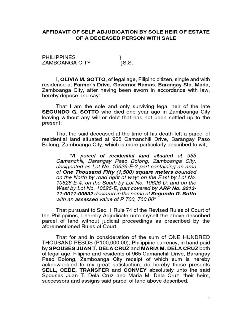 Affidavit of Self Adjudication by Sole Heir of Estate of A Deceased