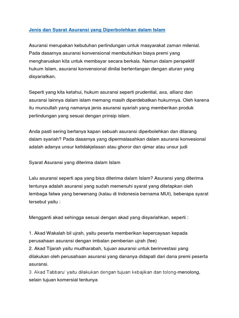 Jenis Dan Syarat Asuransi Yang Diperbolehkan Dalam Islam