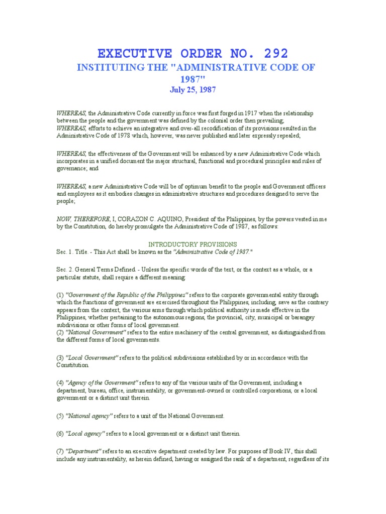 EO 292 Instituting Administrative Code of 1987 PDF | PDF ...