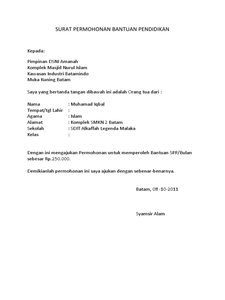 Surat Permohonan Bantuan Pendidikan Pdf