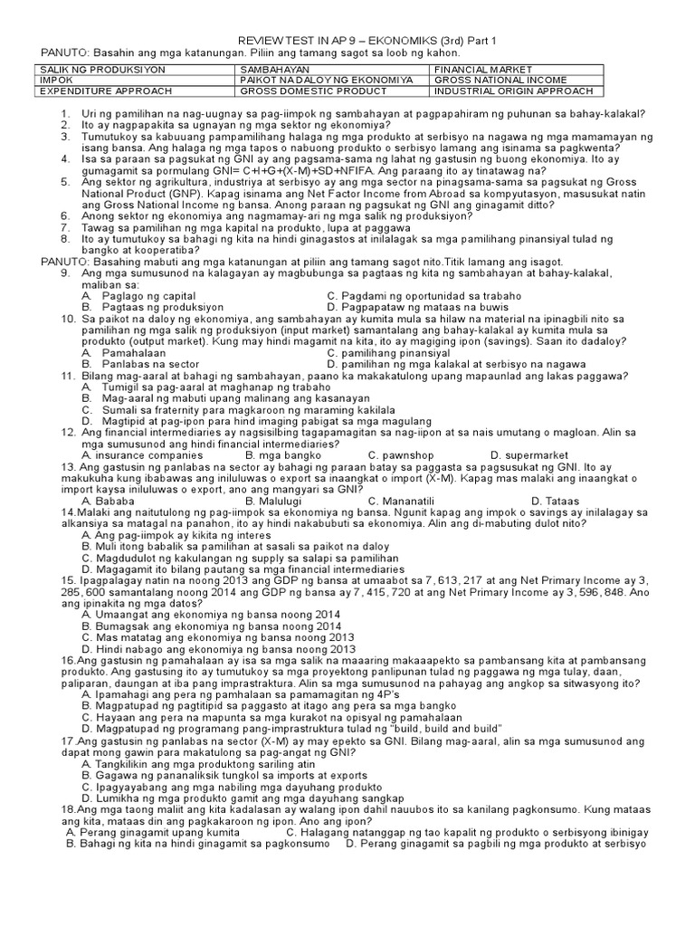 Review Test in AP 9 3rd 1 | PDF