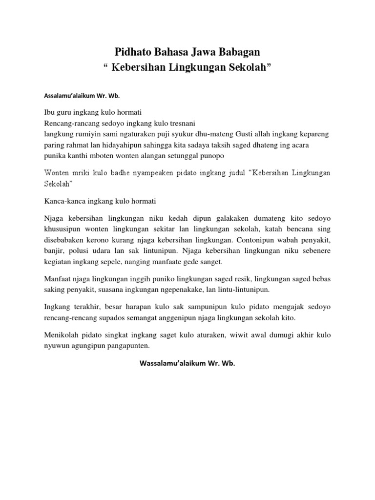 Contoh Teks Pidato Bahasa Jawa Singkat Tentang Kebersihan - Kumpulan