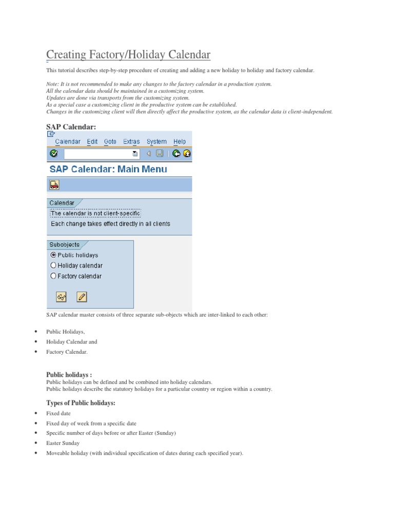 Factory Calendar in SAP PDF Workweek And Weekend Holidays