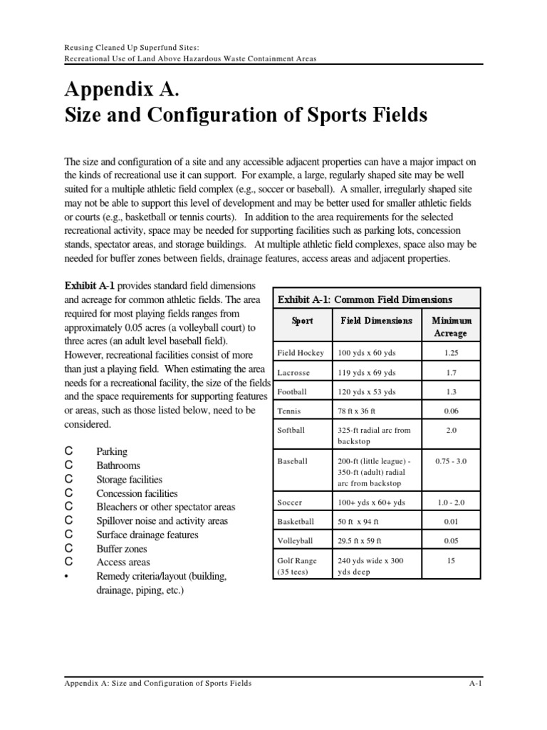 Appendix A. Size and Configuration of Sports Fields | PDF | Superfund ...