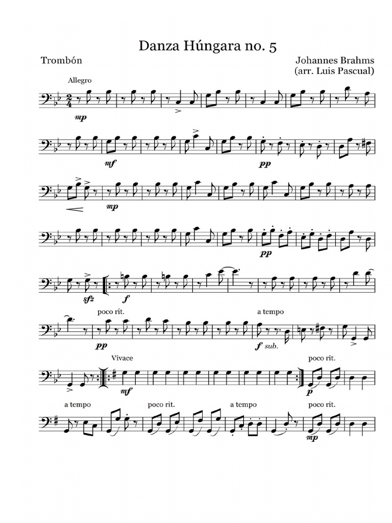 Brahms Hungarian Dance No 5 Brass Quintet Arr Trombone Part