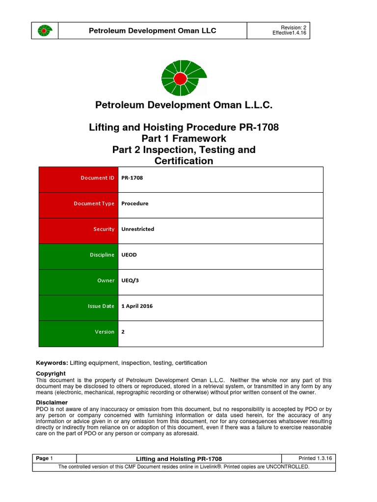 Lifting and Hoisting Procedure PR1708 v2 2016 Crane (Machine) Elevator