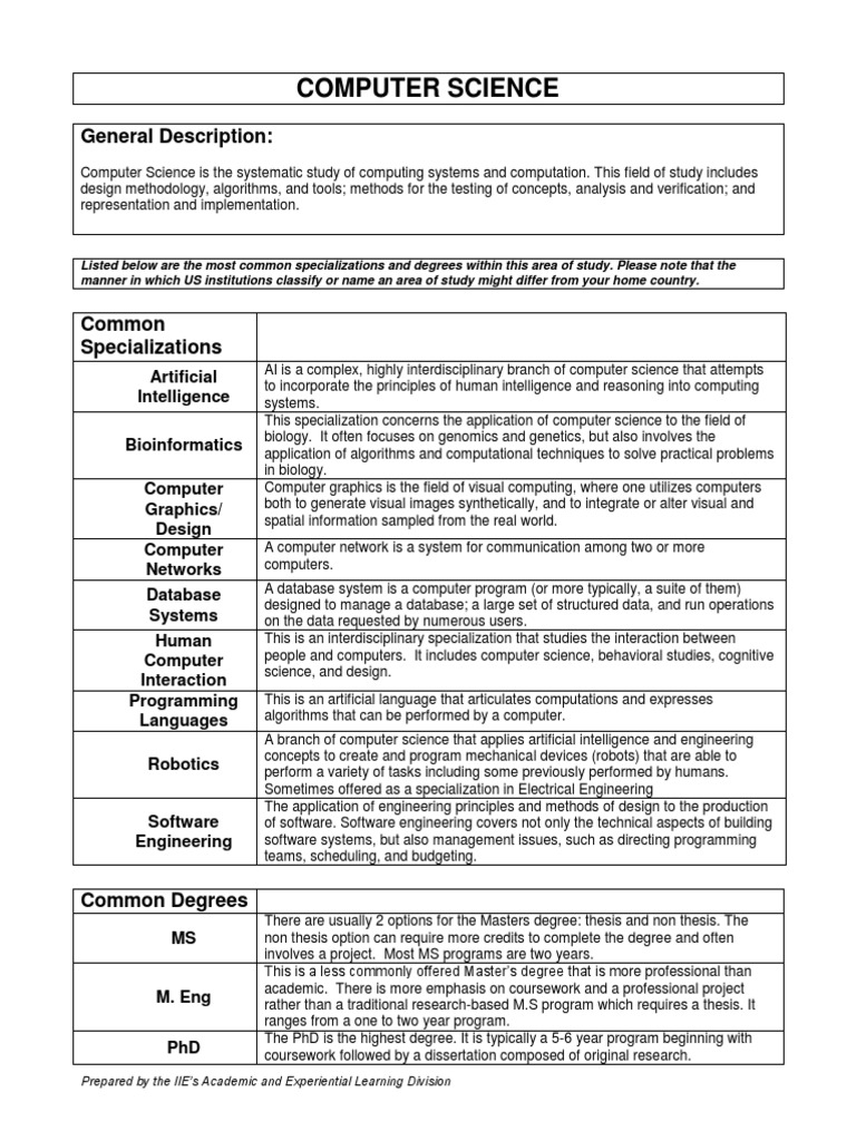 Computer Science General Description PDF Master Of Science