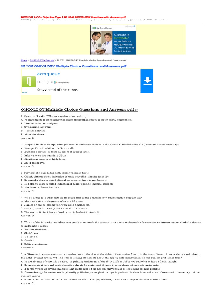 50 TOP ONCOLOGY Multiple Choice Questions and Answers pdf SURGERY