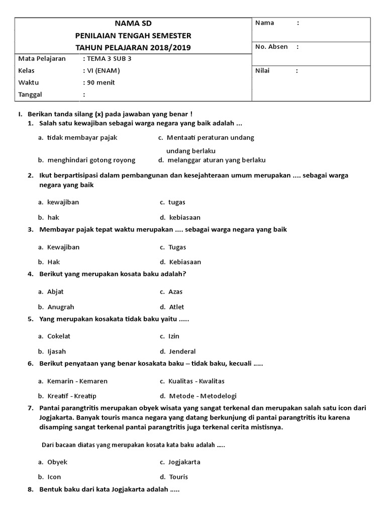 Soal Pts 5 Tematik Tema 3 Sub 3