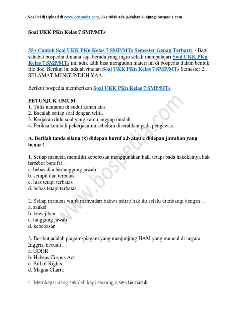 Contoh Soal Pkn Kelas 7 Semester 2 - Contoh Soal Terbaru