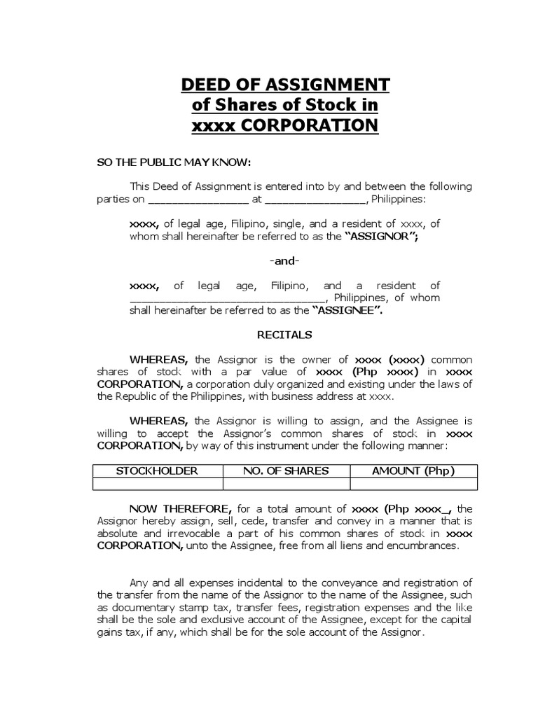 deed of assignment corporation