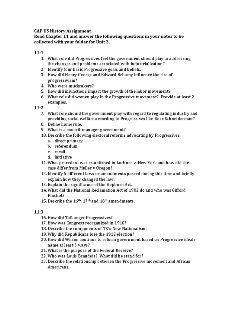 CAP US History Assignment Read Chapter 11 and Answer The Following Questions in Your Notes To Be