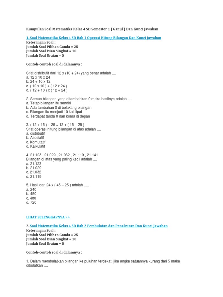 Kumpulan Soal Matematika Kelas 4 Sd Semester 1