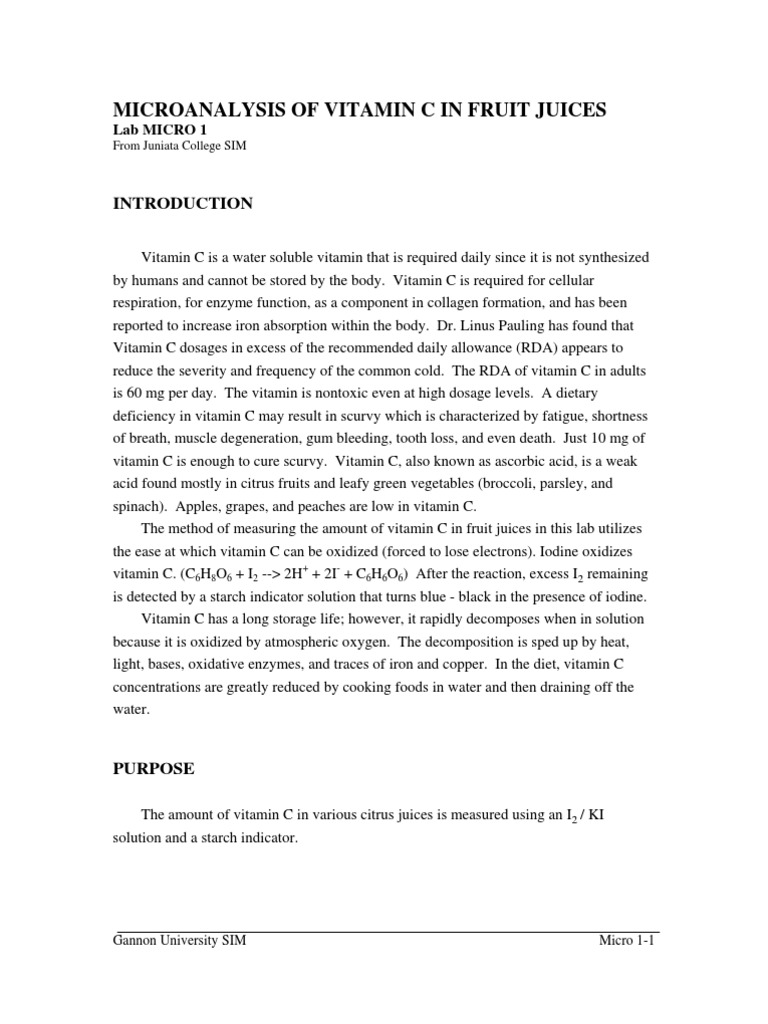 Analysis Vitamin C Fruit Juices PDF Vitamin C Chemical Substances