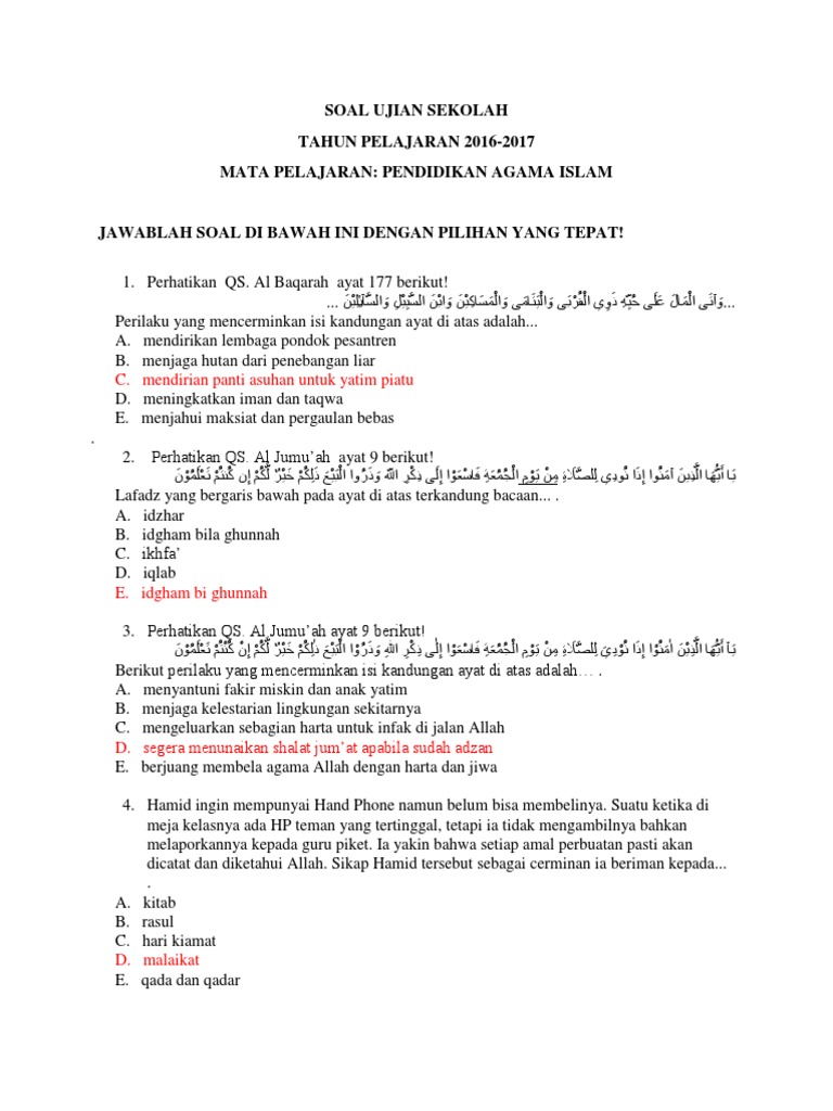 Soal Ujian Sekolah Pendidikan Agama Islam Dan Kunci Jawaban